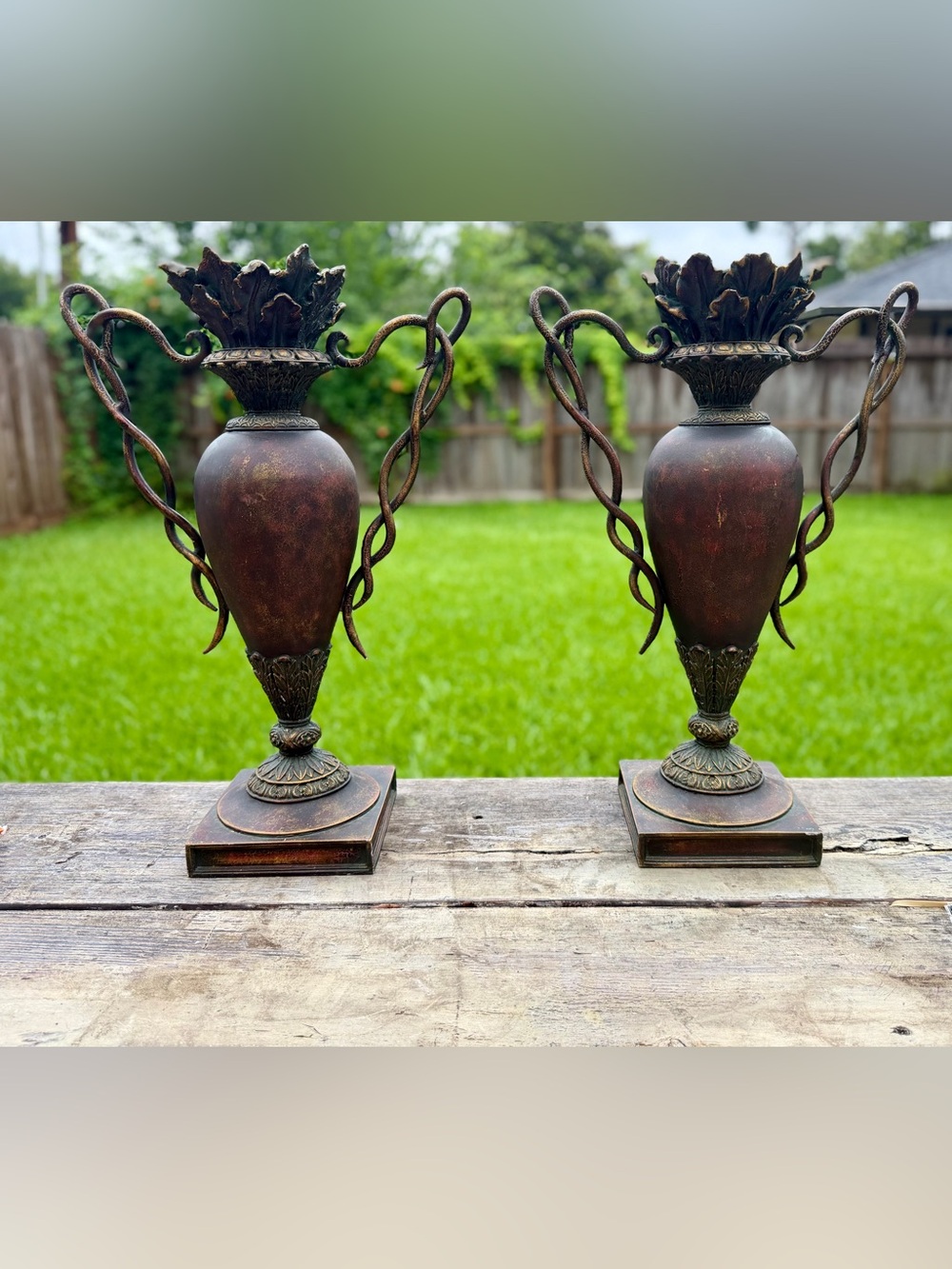 Pair Heavy Neoclassical Amphora Floor Candle Holders Urns Ornate Serpent Bronze